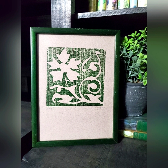 Other - Lino Print Green Floral Art Framed 9x12